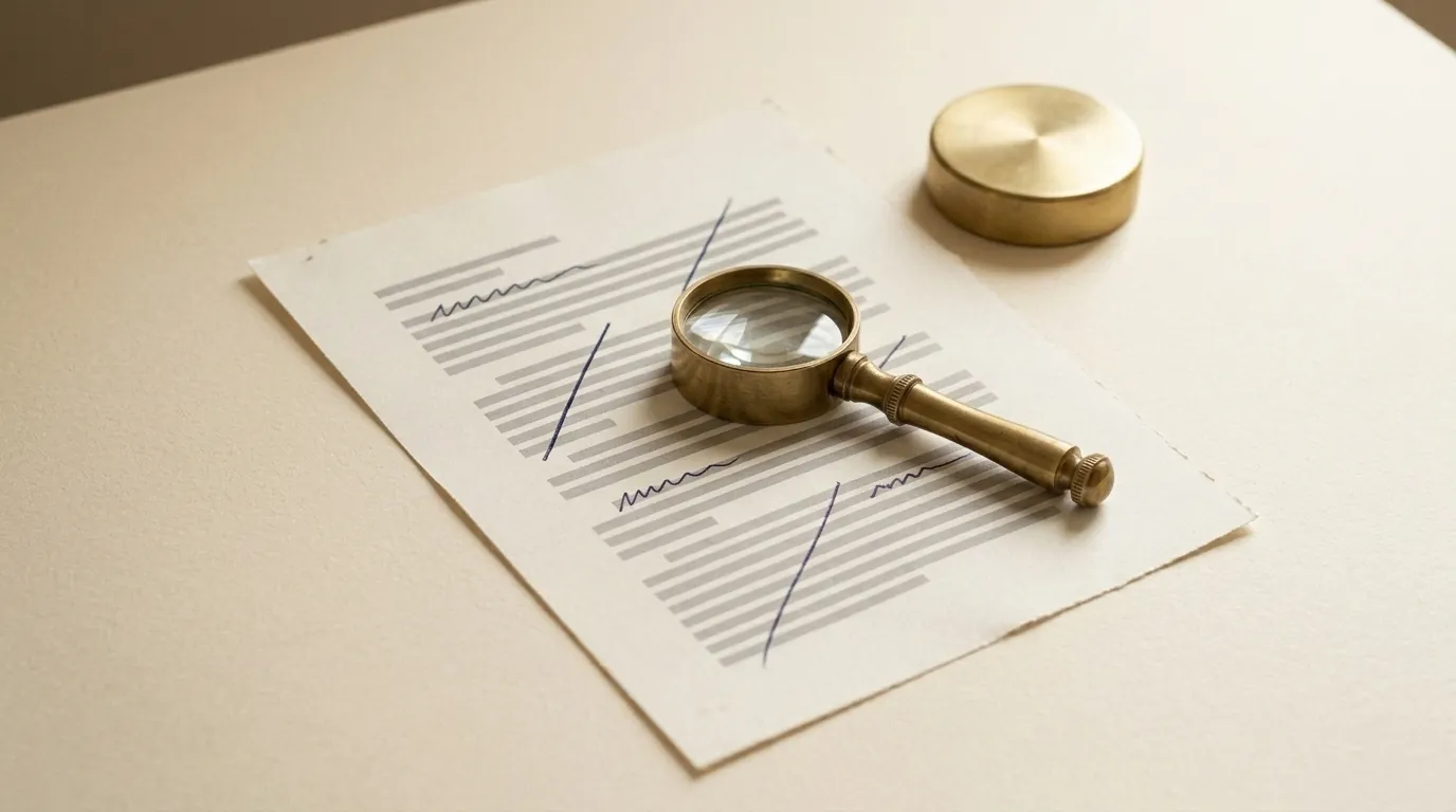 A brass magnifying glass over a typed page with navy edit marks, beside a brass paperweight