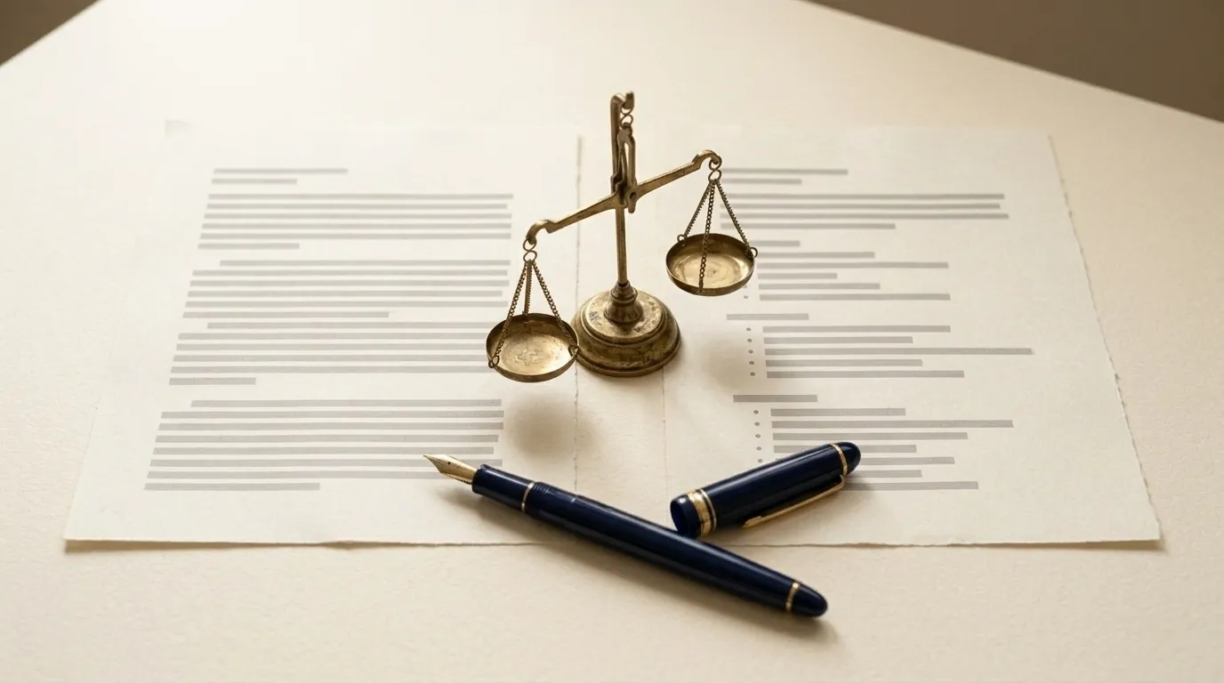 A brass balance scale between two typed pages, one uniform and one varied, with a navy fountain pen