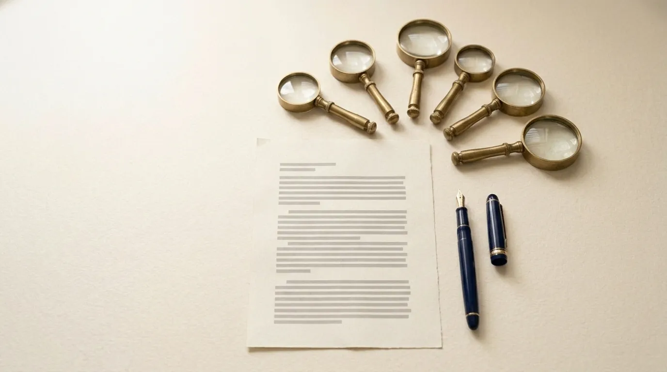 Seven brass magnifying lenses arranged around one typed page, with navy pens