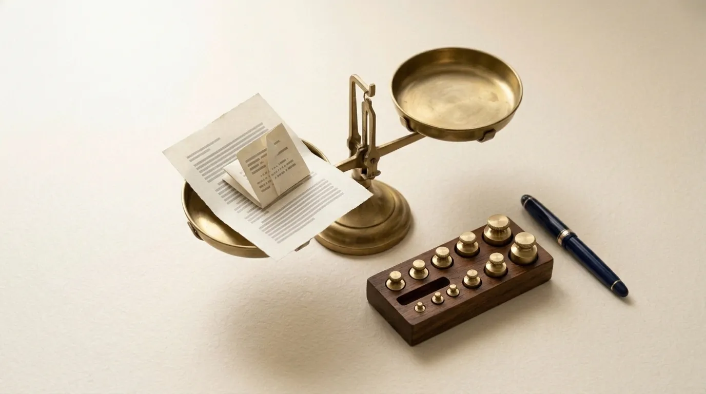 A brass precision balance holding a folded typed page beside a tray of brass weights and a navy pen