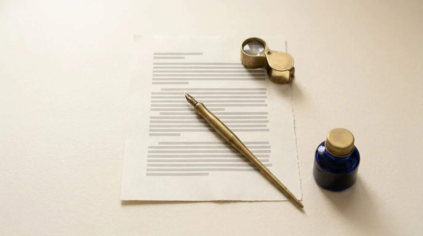 A brass dip pen across a typed page, with a brass loupe and a navy ink bottle